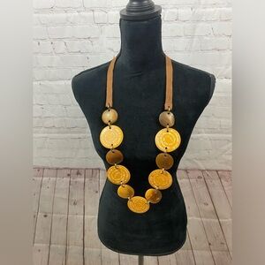 Yellow Sun Rays Geometric Tribal Long Suede Band Earth Tone Costume Necklace